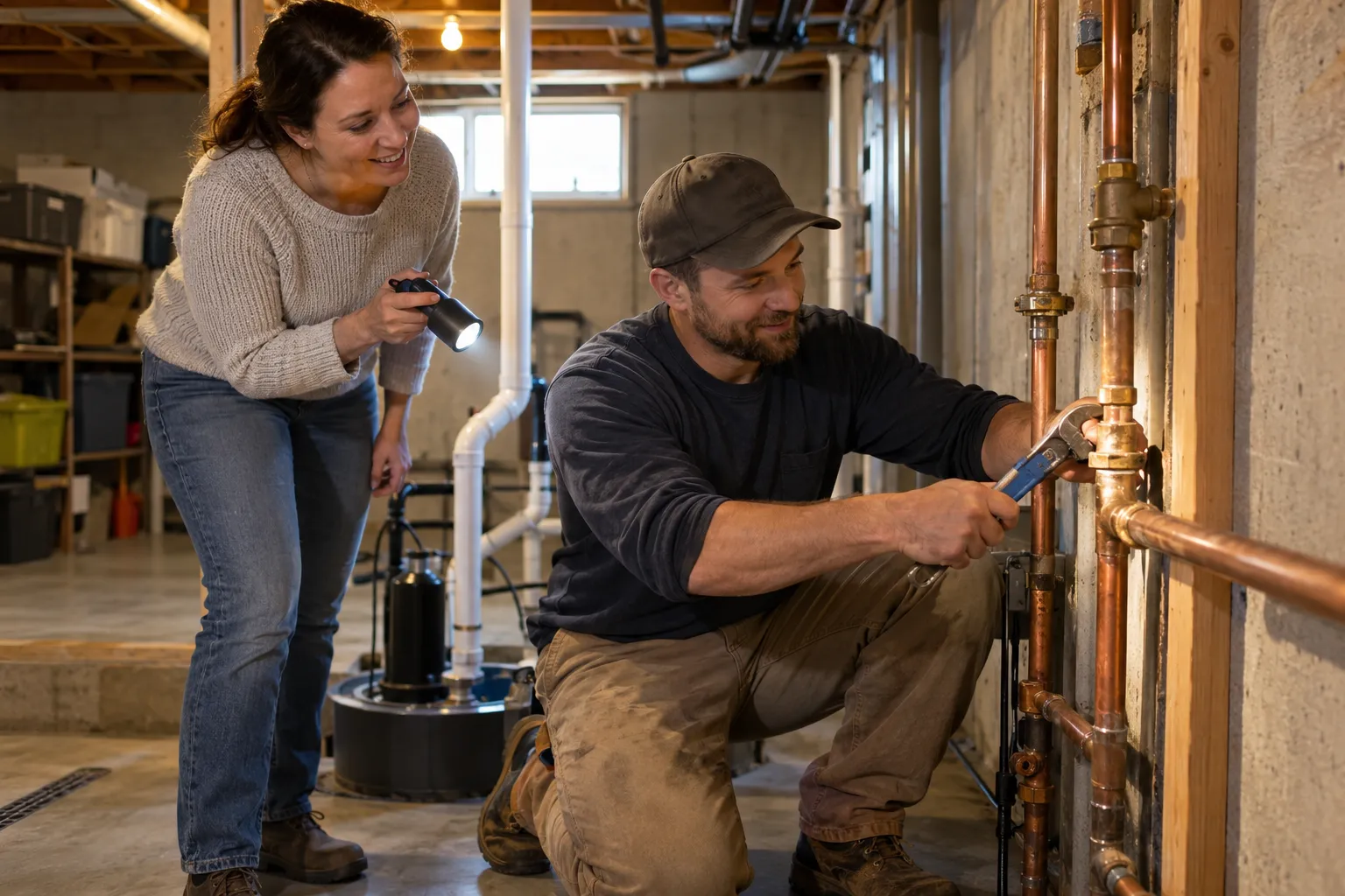A homeowner talking with a plumbing provider in a Lebanon basement next to an exposed pipe